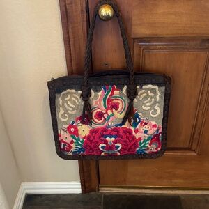 Embroidered Floral Leather Tote Bag - Multicolor